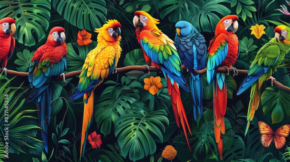 Fototapeta premium Colorful Parrots Perched on Branch in Vibrant Tropical Jungle with Lush Green Leaves and Flowers