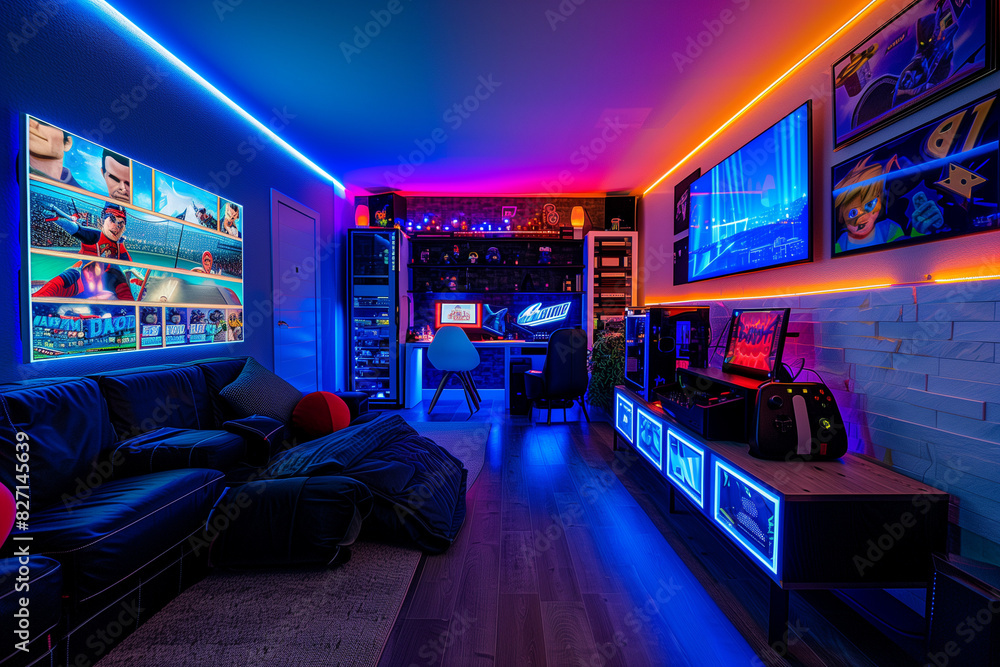 Modern Gaming Room with Vibrant Multi-Colored LED Lights, Sleek Minimalist Furniture, and High-Tech Entertainment Setup Modern Gaming Room with Vibrant Multi-Colored LED Lights, Sleek Minimalist Furniture, and High-Tech Entertainment Setup