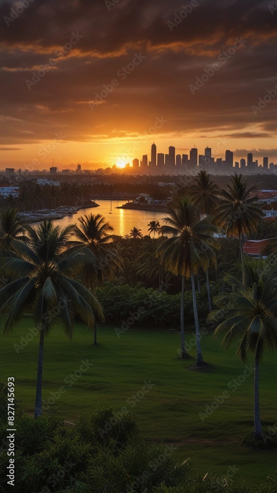 Obraz premium flat illustration of coconut tree with sunset