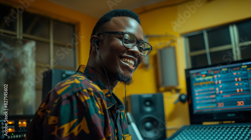 Nigerian radio presenter in the studio. Male announcer with headphones and microphone. Live radio broadcasting in the studio