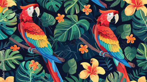 Seamless pattern with amazon parrots tropical leaves photo