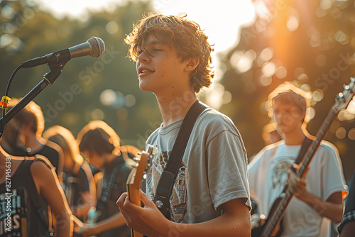 Teen Band Performing Outdoors at Sunset with Guitarists and Vocalists