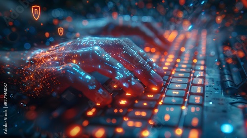 A close-up of a programmerâ€™s hands typing on a keyboard, with code and security shield icons superimposed List of Art Media Photograph inspired by Spring magazine