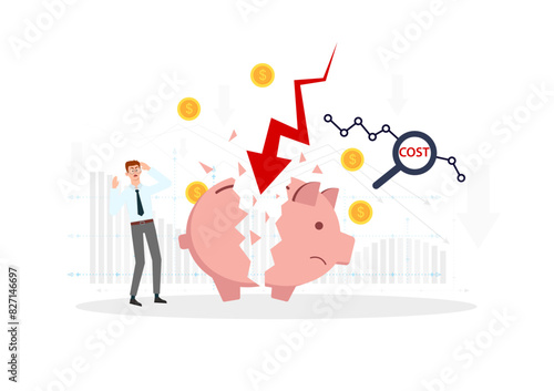 Crisis financial concept, Economic recession, financial crisis and loosing money, Businessman shocked by broken piggy bank.