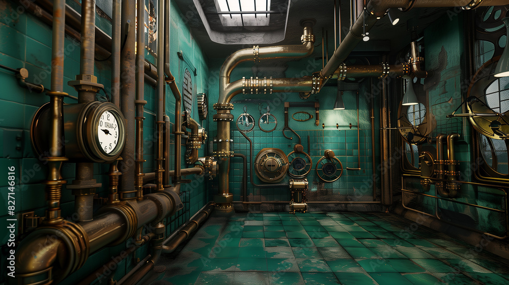 A clock with roman numerals is mounted on a wall in a room with pipes and valves A clock with roman numerals is mounted on a wall in a room with pipes and valves