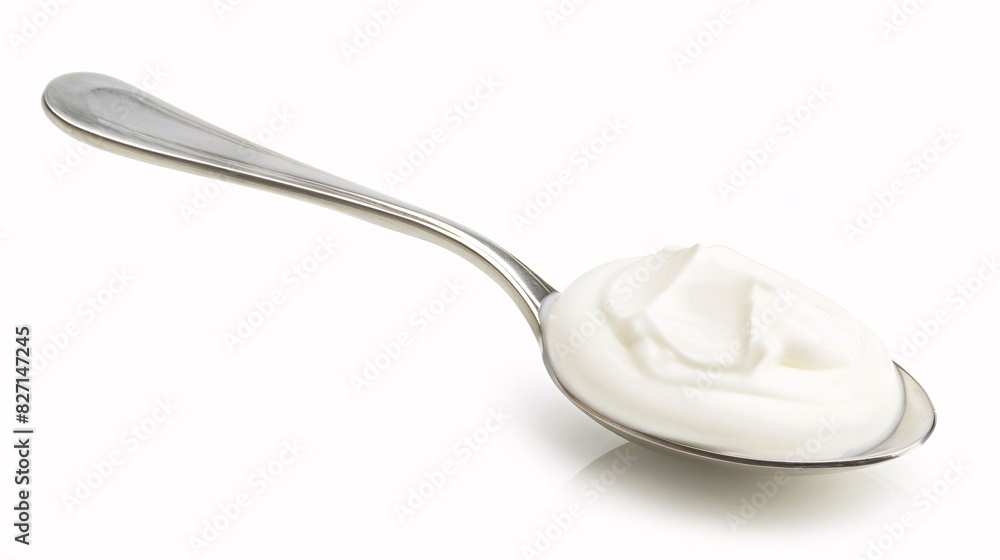 Delectable organic yogurt on spoon against white background. Delectable organic yogurt on spoon against white background.
