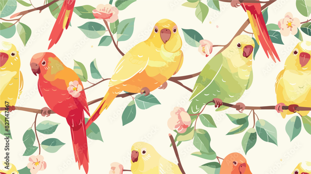 Seamless pattern with rose ringed parrots. Cute baby