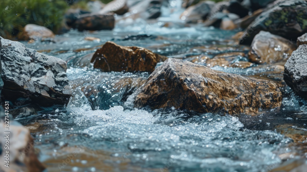 A mountain river, its waters clear and bubbling, flows over stones, carrying the pure meltwater of a distant glacier A mountain river, its waters clear and bubbling, flows over stones, carrying the pure meltwater of a distant glacier