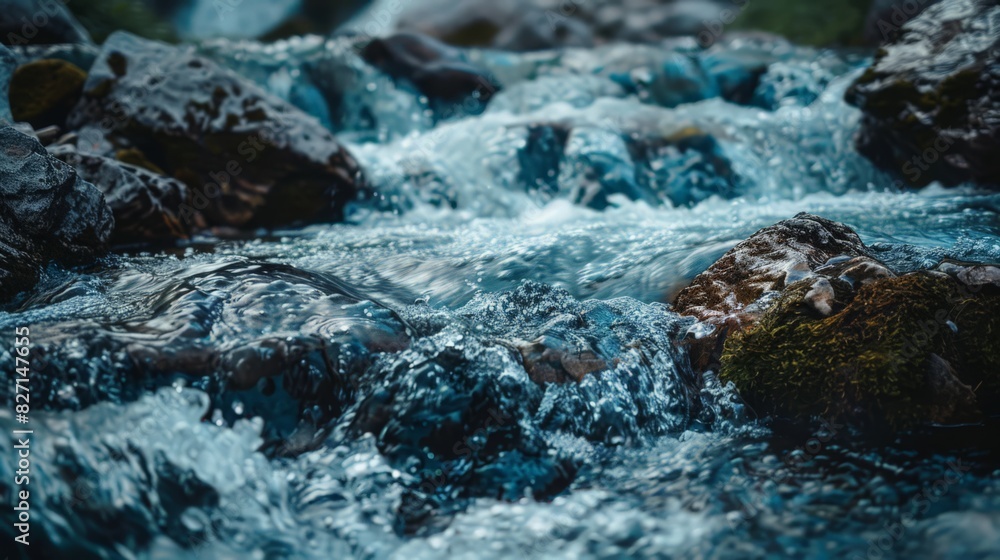 A mountain river, its waters clear and bubbling, flows over stones, carrying the pure meltwater of a distant glacier A mountain river, its waters clear and bubbling, flows over stones, carrying the pure meltwater of a distant glacier