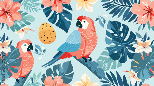 Seamless pattern with rose ringed parrots tropical 