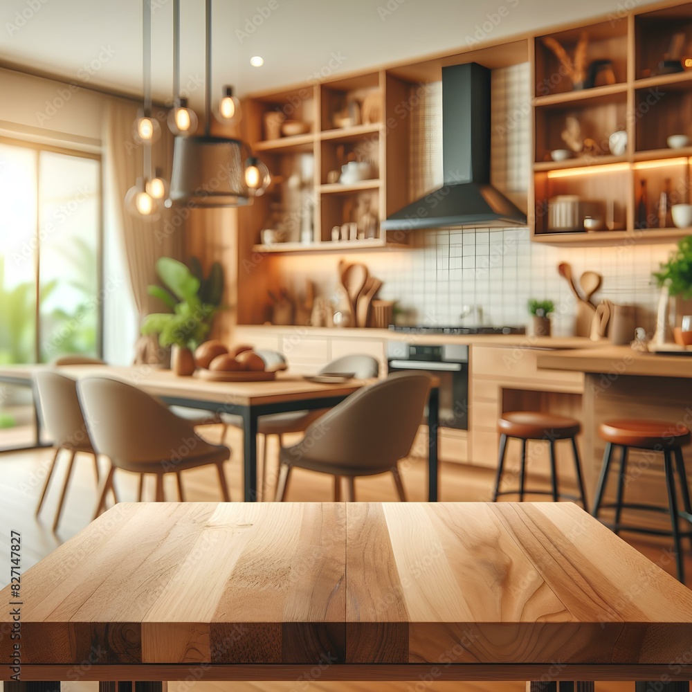 Wooden table top on blur kitchen room background.