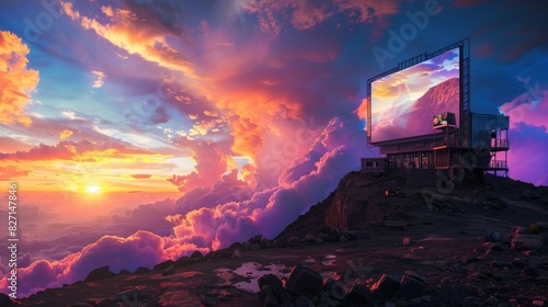 A dreamlike sunset film festival unfolds on a mountaintop, with films against a vibrant sky and drifting clouds. photo
