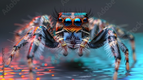  A detailed shot of a vibrant spider on a blue-red backdrop, with light reflection on the spider's lower legs photo