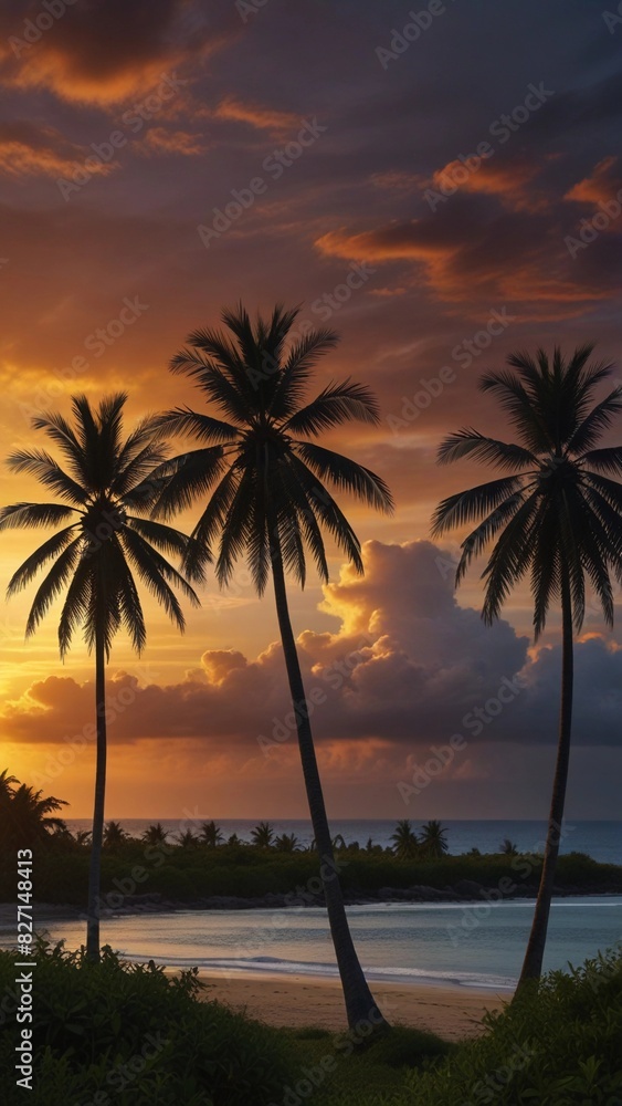 Obraz premium flat illustration of coconut tree with sunset