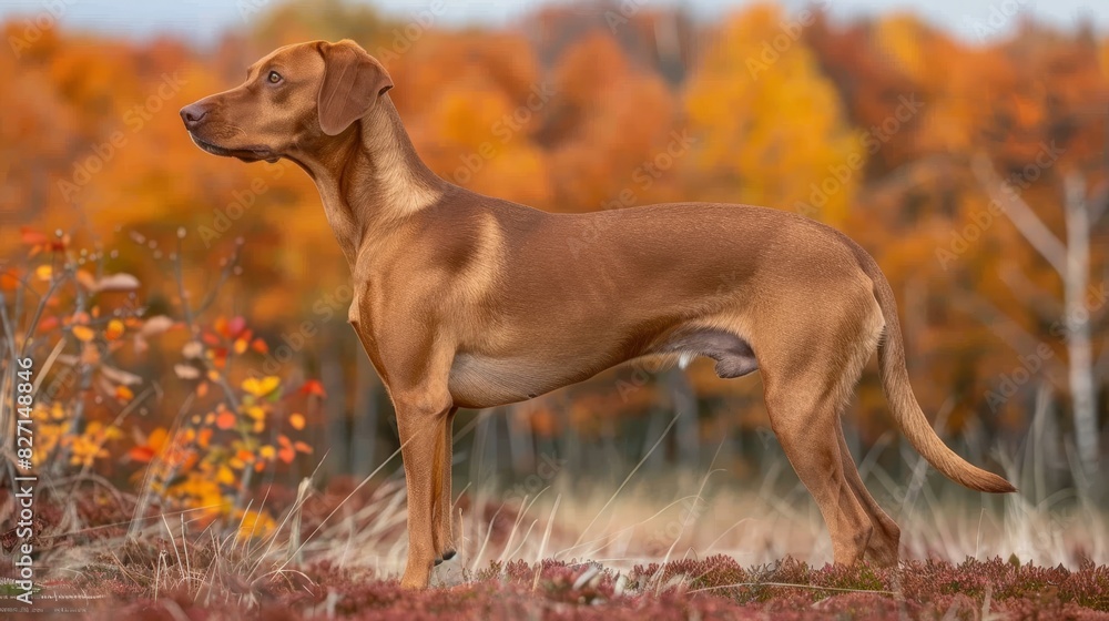  A brown dog stands atop a grassy field, adjacent to a forest bursting with orange and yellow trees in autumn