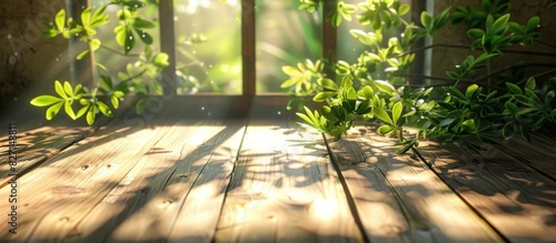 Wooden Table Basking in the Soft Light of Green Leaves Shadows photo