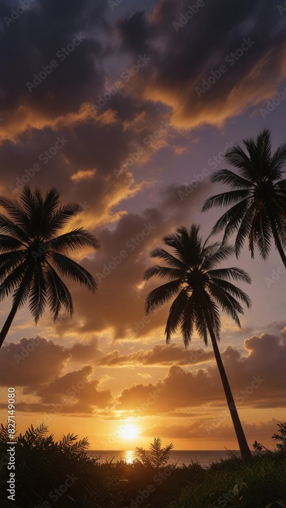 Obraz premium flat illustration of coconut tree with sunset