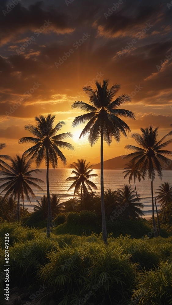 flat illustration of coconut tree with sunset flat illustration of coconut tree with sunset