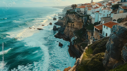 Azenhas do Mar, located in Sintra, Portugal, is a cliffside village with breathtaking views of the Atlantic Ocean. The sound of waves crashing below and the charming houses above create a serene and b