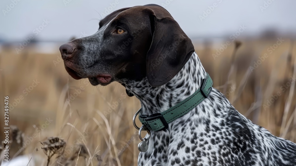  A black-and-white dog wearing a green collar stands in a field, gazing off into the distance with its head tilted to the side, facing the right side of the camera