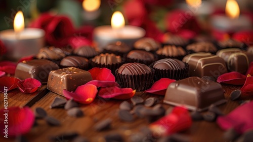 A selection of fine chocolates on a rose-petal-strewn background with soft candlelight photo