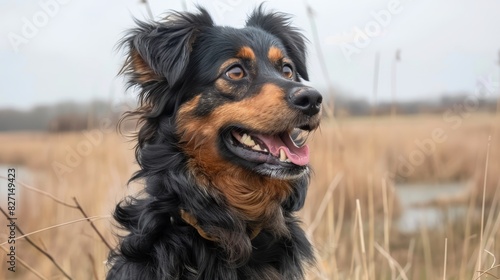  A tight shot of a dog in a sea of tall grass, tongue lolling and eyes bright, backdrop blurred by waving reeds, foreground graced by a tranqu photo