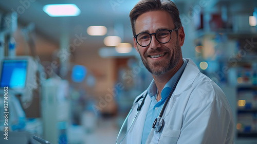 Male medical expert in spectacles, smiling, using a digital pad, hospital background