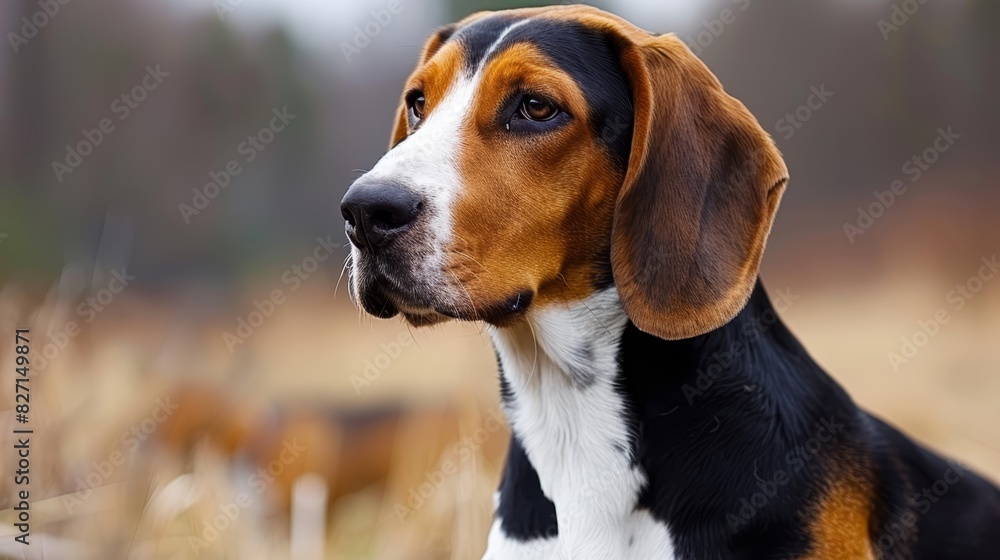 A dog's face in focus against a backdrop of foreground grass and trees, with a softly blurred depiction of its head A dog's face in focus against a backdrop of foreground grass and trees, with a softly blurred depiction of its head