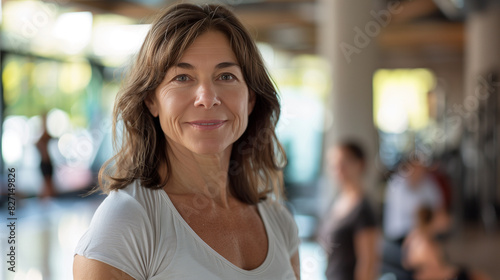 Portrait of mature female gym instructor standing against gym background, middle age fitness woman looking at camera and people exercise in background photo