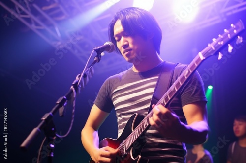 A young Japanese male guitarist is playing the guitar during a live music concert