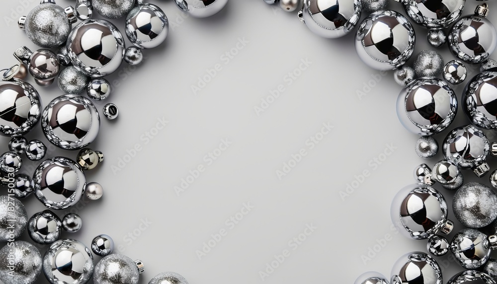 Fototapeta premium Silver Bells: A Festive Christmas Border on a Gray Background