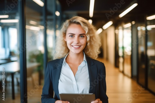 Argentine Businesswoman in Late 20s Holding Digital Tablet Close-up of smiling young blonde businesswoman with digital tablet pausing in hallway to look at camera photo