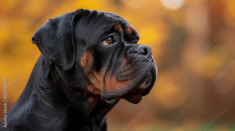 Obraz premium A tight shot of a dog's expressive face, set against a backdrop of out-of-focus autumnal leaves in hues of yellow and orange The canine's