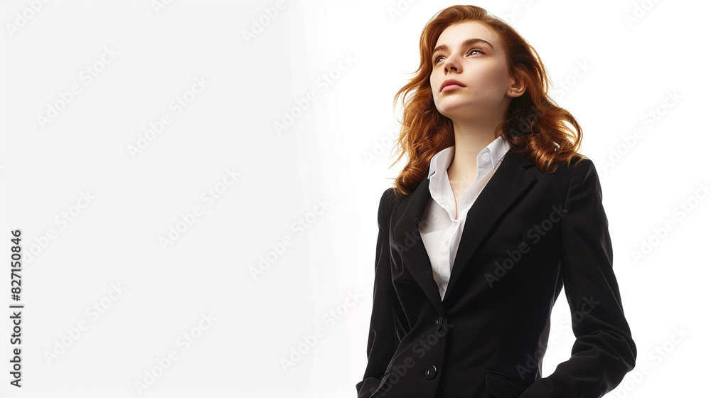 Young woman dressed in an elegant black suit and classic white shirt exuding confidence and professionalism Young woman dressed in an elegant black suit and classic white shirt exuding confidence and professionalism