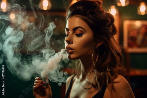 Beautiful woman having fun with smoke Woman inhaling from an electronic cigarette