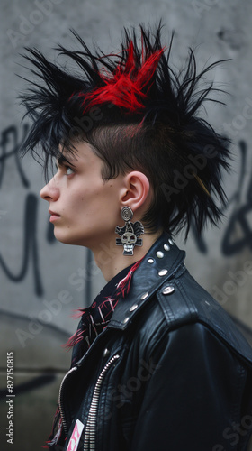 A young man with a punk rock hairstyle wearing a leather jacket with metal inserts in the style of punk aesthetics