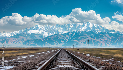 A train track runs through a snowy mountain range