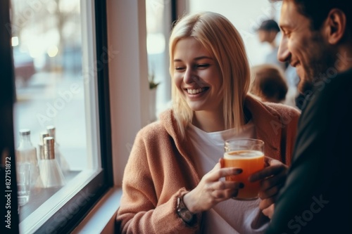 Cheerful boyfriend hugging his beautiful girlfriend while drinking iced coffee in a coffee shop