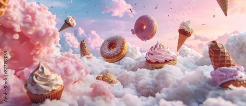 Craft a captivating scene of a magical bakery where donuts fly, cupcakes twirl, and ice cream cones dance, all set against a pastel sunrise sky, using digital CG techniques photo