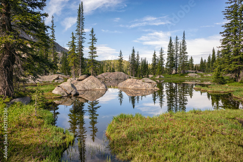 Serene alpine lake with trees and rocky reflections photo