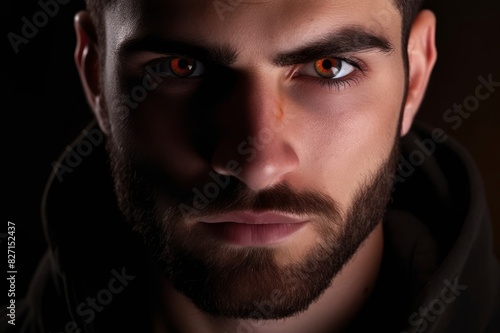 close-up portrait of handsome bearded man on the black background. the man in shadow with copy space
