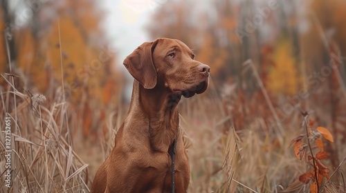  A brown dog sits in a field of tall grass Behind it, fall-colored trees line the backdrop The dog gazes at the sky