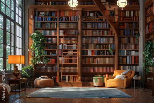Craft a detailed and realistic 3D rendering of a virtual library within an internal communication platform Show digital bookshelves filled with resources