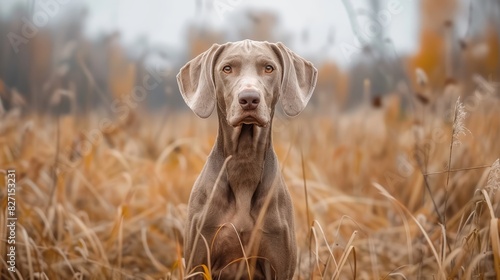  A sad-looking dog stands in a field of tall grass, gazing at the camera with blurred background tall grass photo