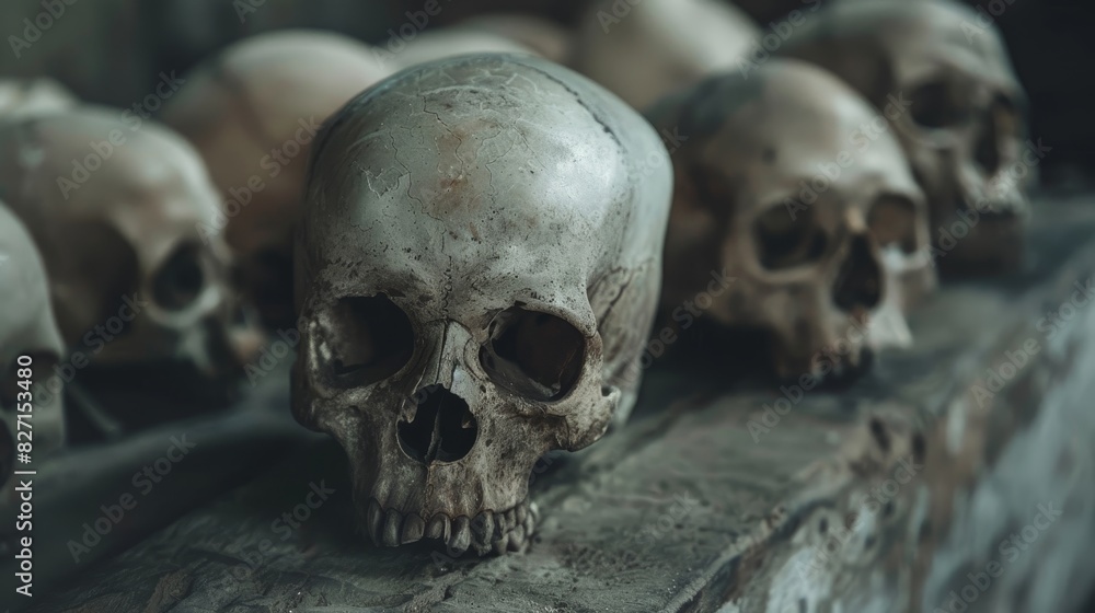 Group of Human Skulls Arranged on a Weathered Surface