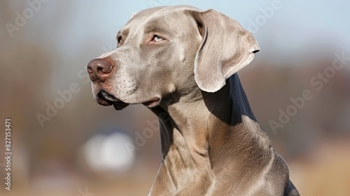  A dog's face, tightly framed, surrounded by a soft blur of trees and grass Background transitioning to a hazy sky