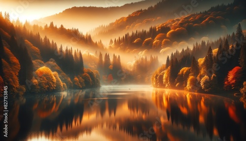 A calm lake surrounded by dense, autumn-colored forest during the golden hour