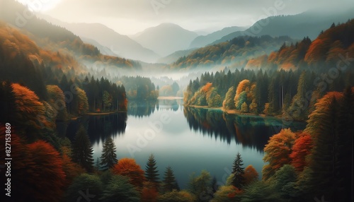 A calm lake surrounded by dense  autumn-colored forest
