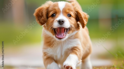  A small brown and white dog runs in the grass with its mouth open and tongue out