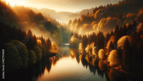 A calm lake surrounded by dense, spring-colored forest during the golden hour photo